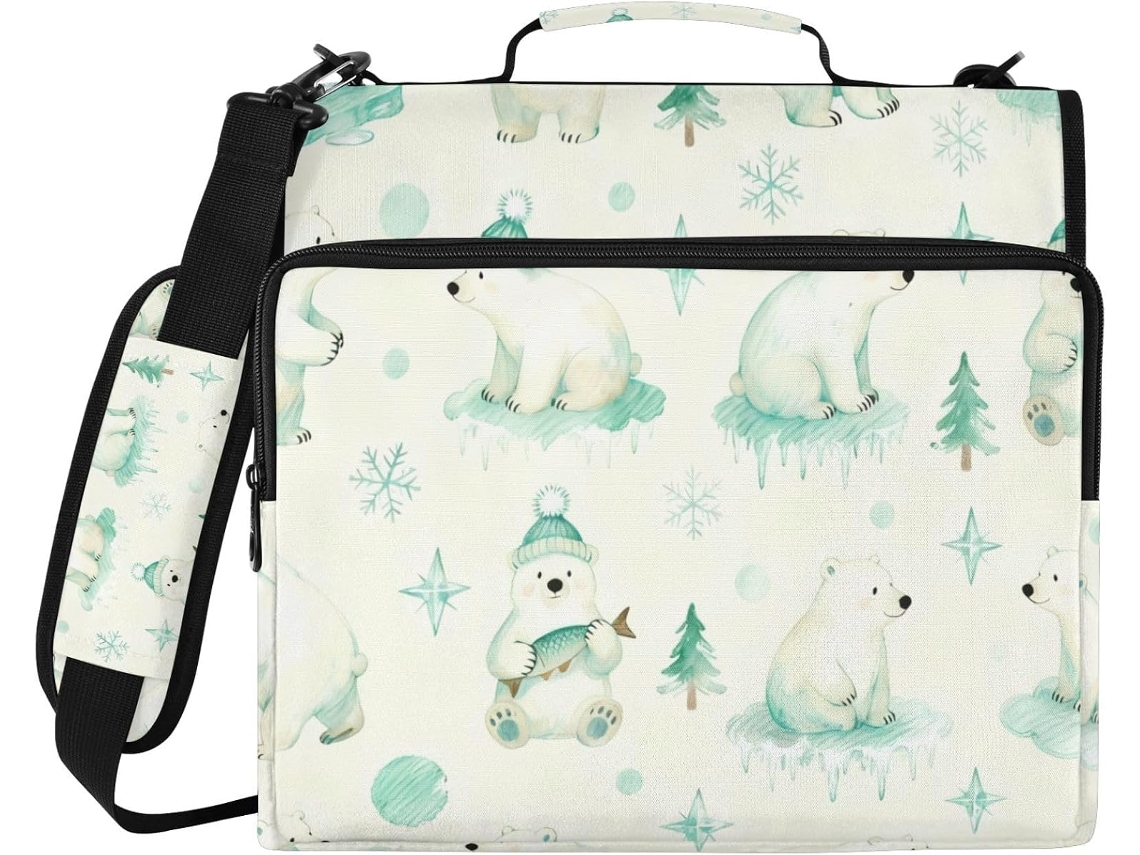 Organizador de macarrão escolar de 3,8 cm com estampa de urso polar verde-inverno, zíper e alça, diversas opções de embalagens.