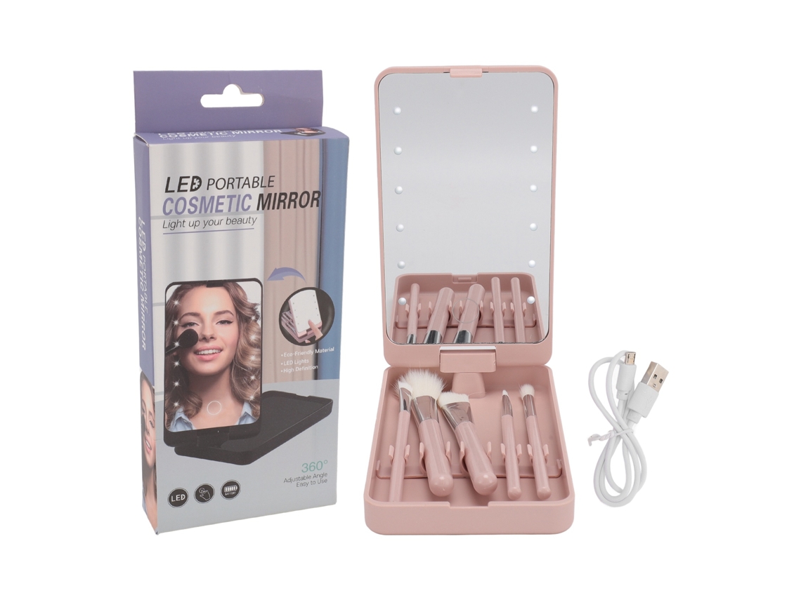 Set De Pinceles De Maquillaje Con Espejo Led Giratorio Y Plegable
