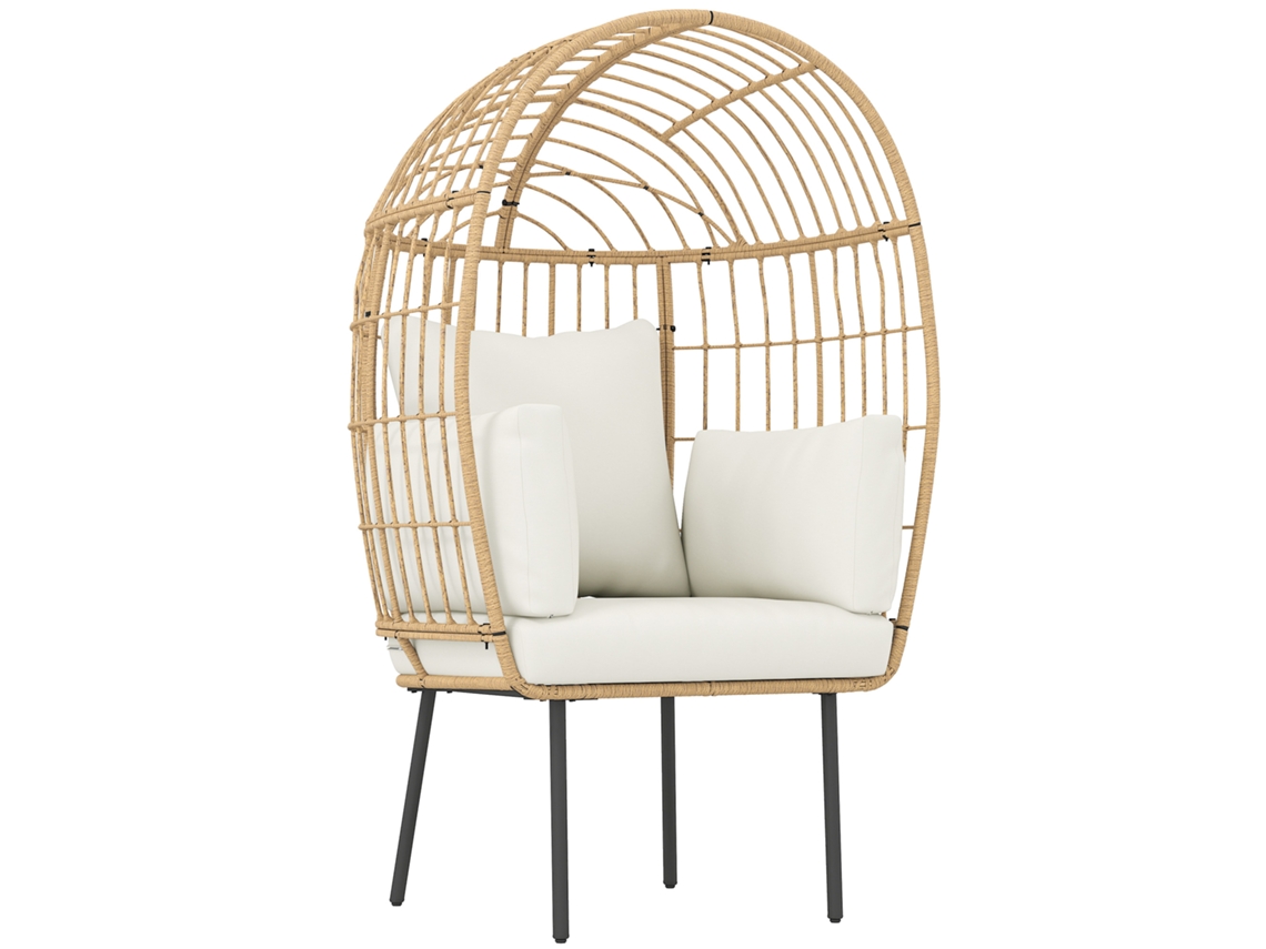 Poltrona de vime em forma de ovo com almofada removível, estofada, 95x80x155 cm bege | S/MARCA