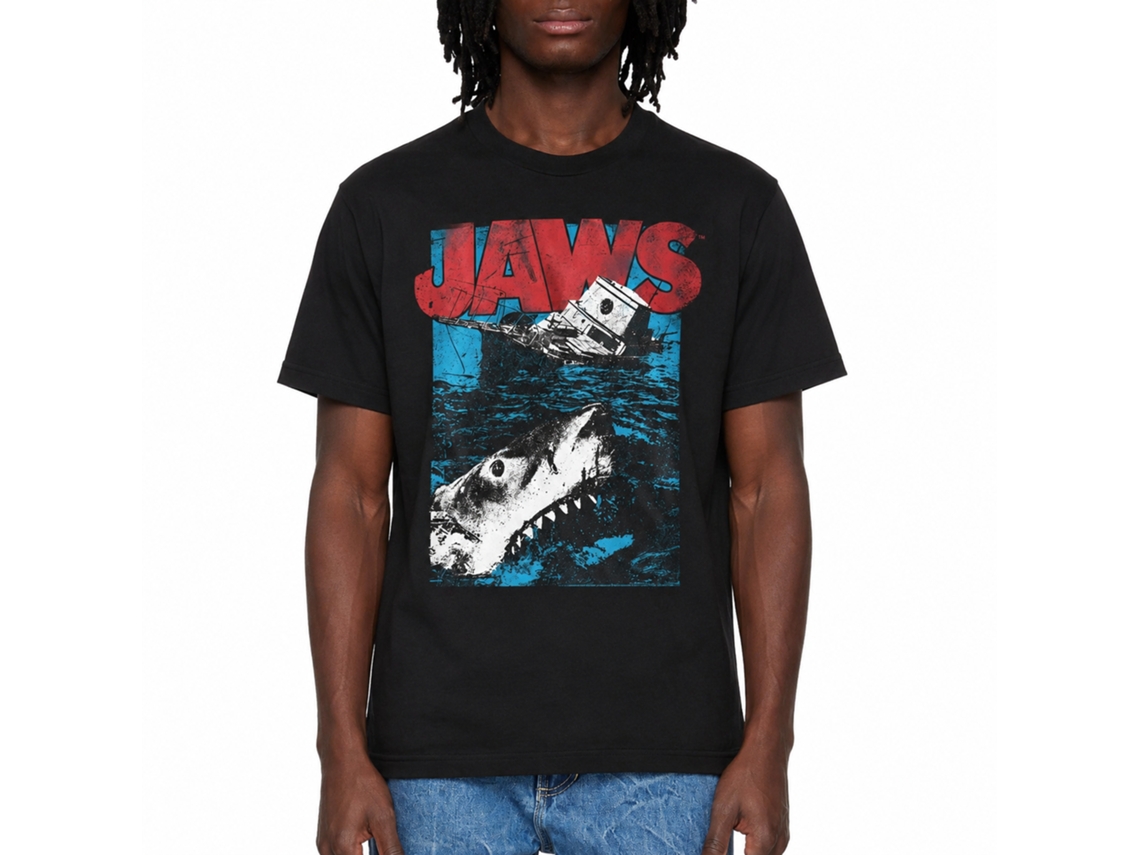 Rockinstone Jaws Movie Great White Black Adult T-shirt Size:m