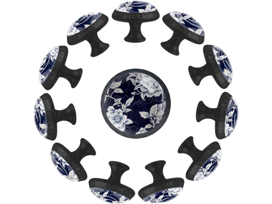 Puxadores Redondos Para Gavetas De Cômoda, Puxadores Para Armários De Cozinha, 12 Peças, Estampa Floral Azul, Puxadores