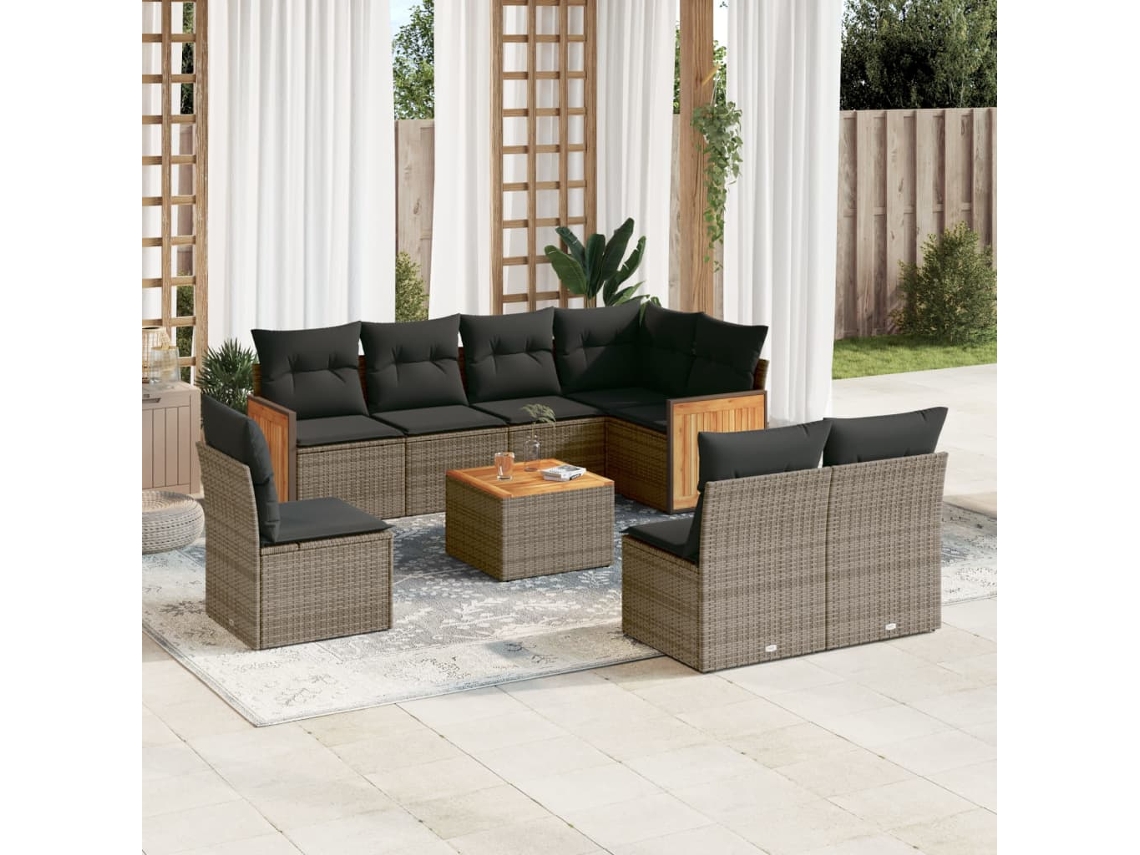 Vidaxl 9 Pcs Conjunto Sofás P/ Jardim Com Almofadões Vime Pe Cinzento