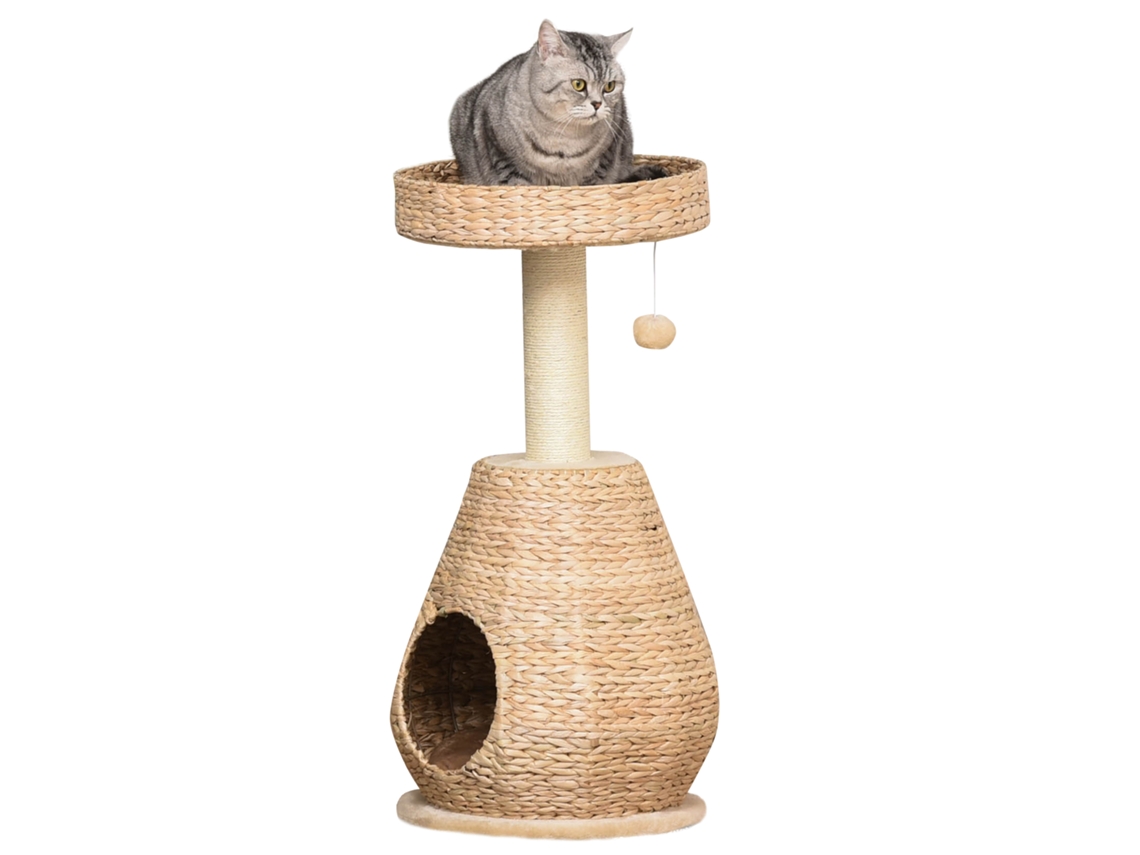 Árvore para Gatos, Arranhador, Móvel para Gatinhos com Toca, Brinquedo de Bola, Sisal, Pelúcia Macia, Altura 82,5 Cm, Amarelo ESSÊNCIACASA