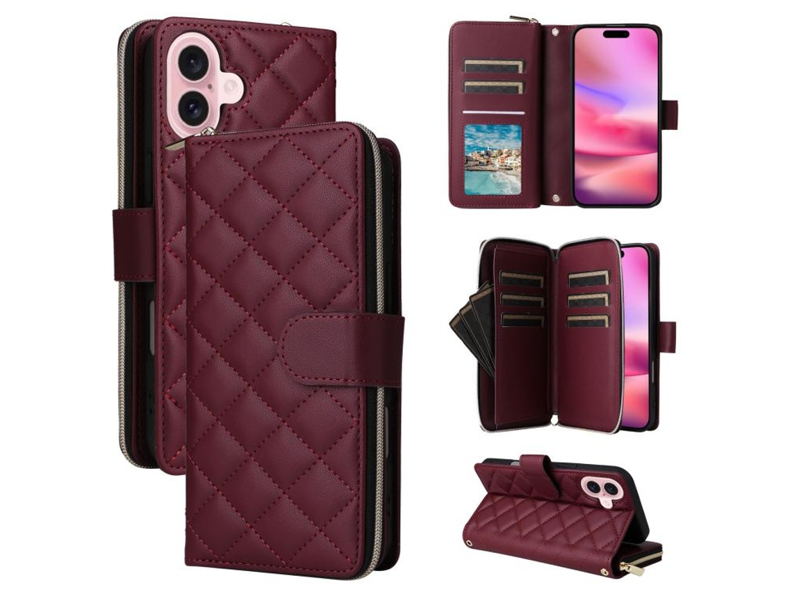 Capa Para Iphone 17 Em Couro Com Zíper Em Formato De Losango E Fivela Com Alça.