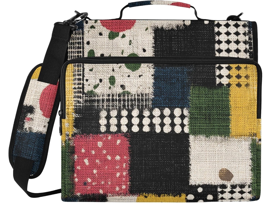 Pasta têxtil estilo retrô com 3 argolas e alça, inclui bolsa com zíper, organizador de documentos, mochila escolar E