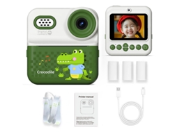Câmara De Impressão Instantânea Para Crianças Com Dupla Câmara Hd, Imprime Cor Única Com 4 Rolos De Papel 64gb Crocodilo