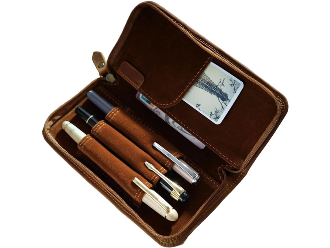 Estojo De Couro Para Canetas– 17 X 8 X 3 Cm– Organizador De Artigos De Papelaria Vintage Com 3