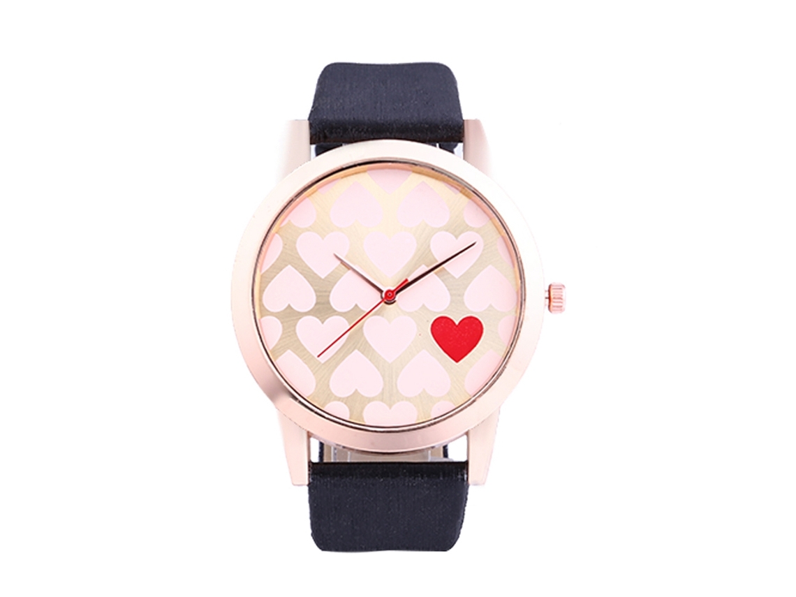 Relógio de Pulso Feminino Casual de Quartzo com Pulseira Pu e Decoração de Coração (preto)