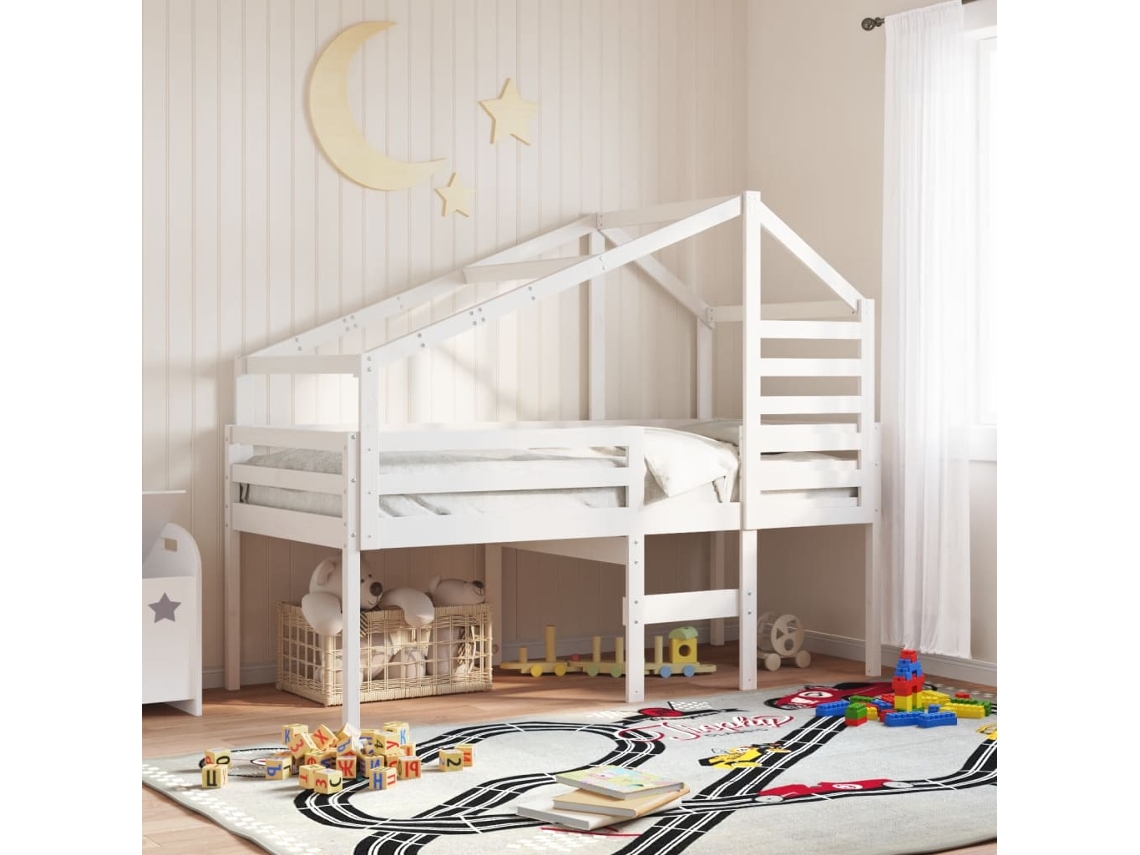 Cama Alta Com Telhado 90x190 Cm Pinho Maciço Branco
