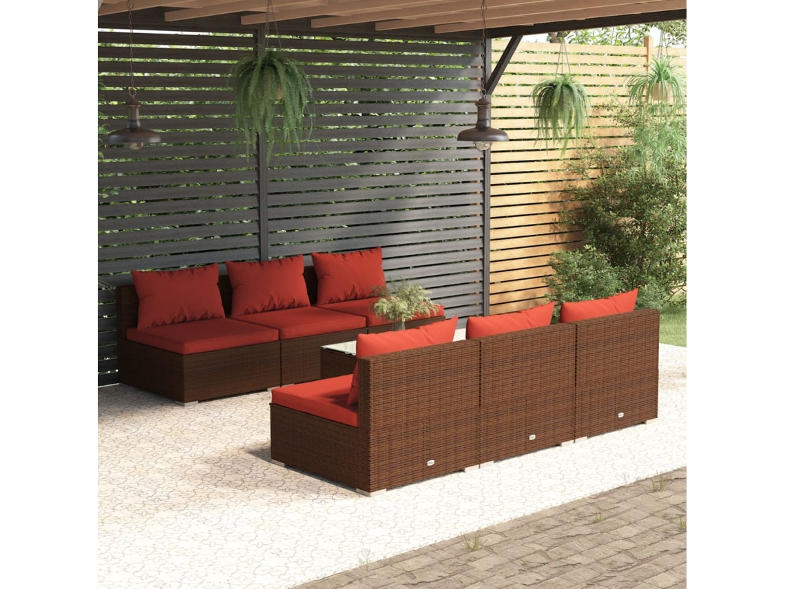 Vidaxl 7 Pcs Conjunto Lounge Jardim C/ Almofadões Vime Pe Castanho