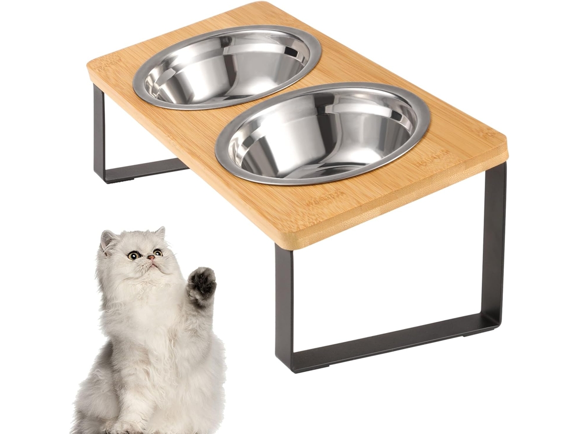 Tigelas Elevadas para Gatos, Inclinadas a 15 Graus, em Aço Inoxidável, com Suporte de Madeira para Evitar Vômitos e Fadiga AQUAFORGE