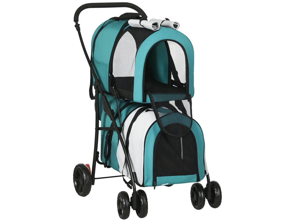 Carrinho Duplo Com 2 Transportadoras Portáteis 66x50x98 Cm Turquesa E Cinza, Prático E Versátil