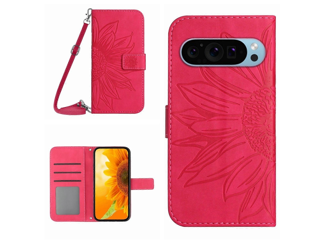 Capa De Celular De Couro Com Estampa De Girassol E Cordão Skin Feel