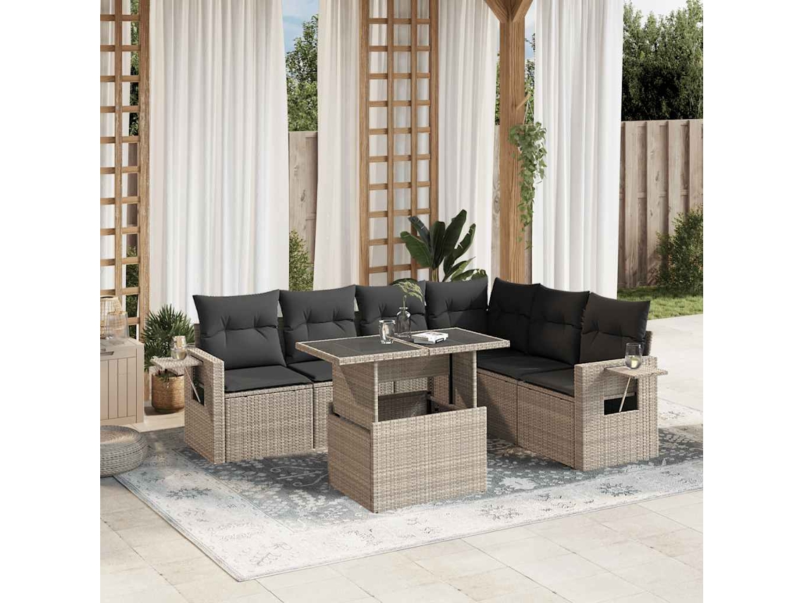 Vidaxl 7 Pcs Conj. Sofás Jardim Com Almofadões Vime Pe Cinzento-claro
