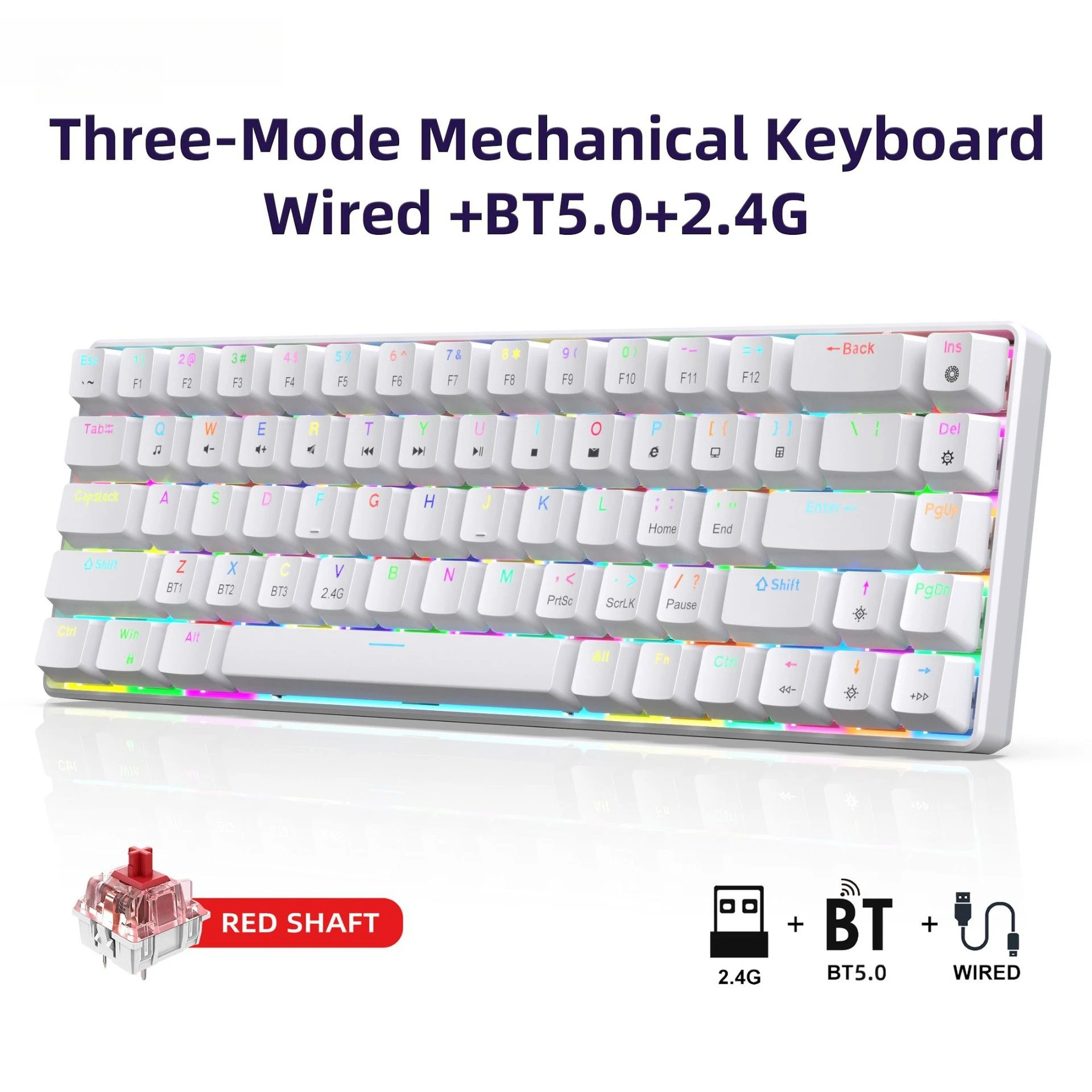 Teclado Mecânico Sem Fio (branco) Com 68 Teclas, Retroiluminação Rgb E Bluetooth 2.4g.