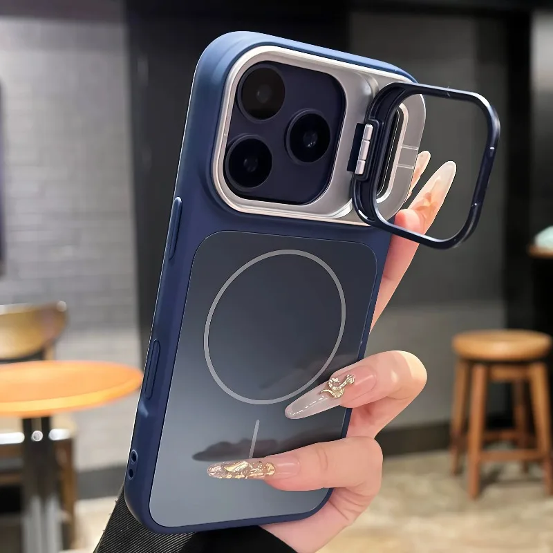 Capa Magnética Fosca Para Celular Com Suporte Dobrável Para Câmera (azul Escuro Para Iphone 12)