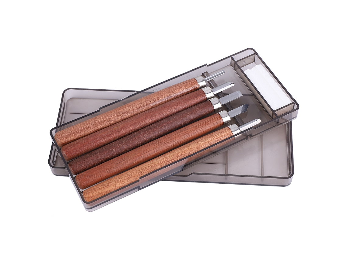 Kit 5 Ferramentas Talha Madeira Burin Aço Carbono Alto Cabo Pau-rosa Com Moinho