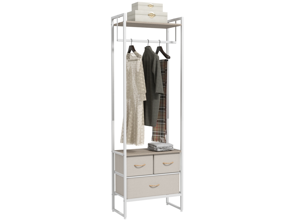 Cabide de Roupas Porta camas do Corredor com 3 Gavetas de Tecido e Prateleira de Armazenamento 58,5x30x178 Cm Natural Ge