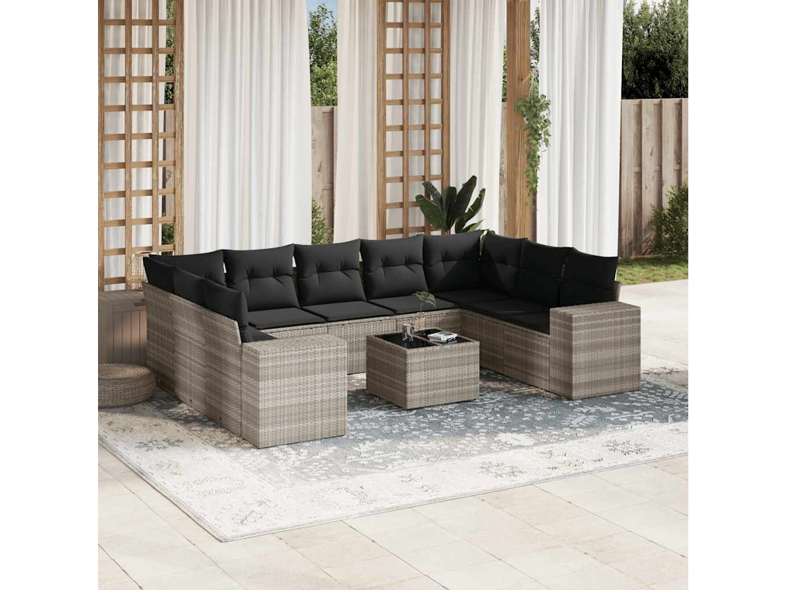 Vidaxl 10 Pcs Conj. Sofás Jardim com Almofadões Vime Pe Cinzento claro