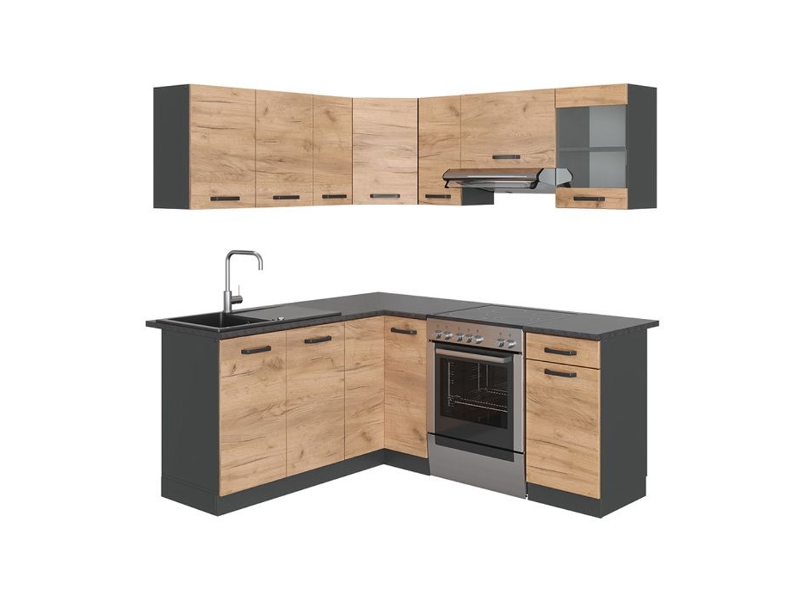 Cozinha de canto Rick, 187x60cm, PT Padrão preto, Carvalho dourado/antracite, Vicco