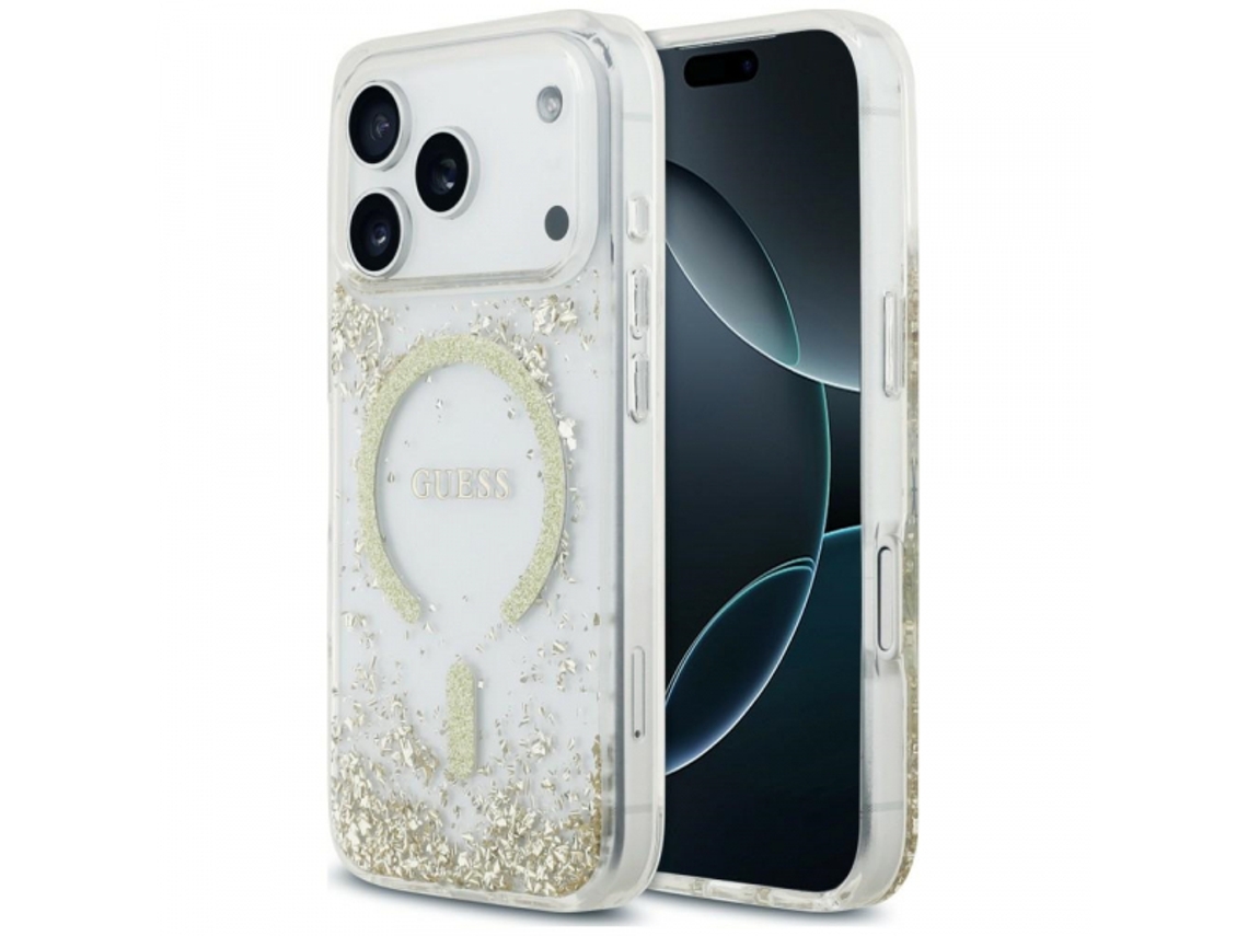 Capa Rígida Guess Com Base Em Resina E Glitter, Compatível Com Magsafe, Para Apple Iphone 18 Pro / 17 Pro, Dourada.