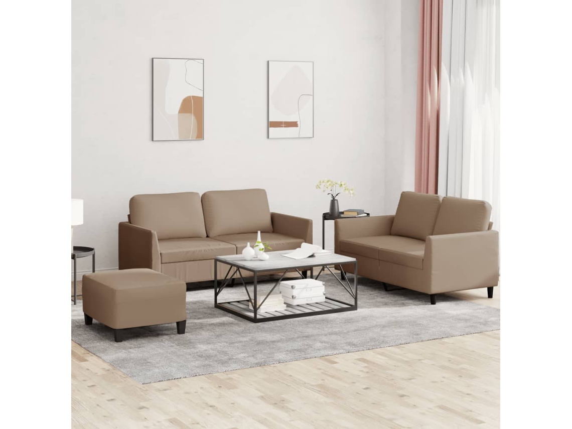 Vidaxl 3 Pcs Conjunto Sofás C/ Almofadões Couro Artificial Cappuccino