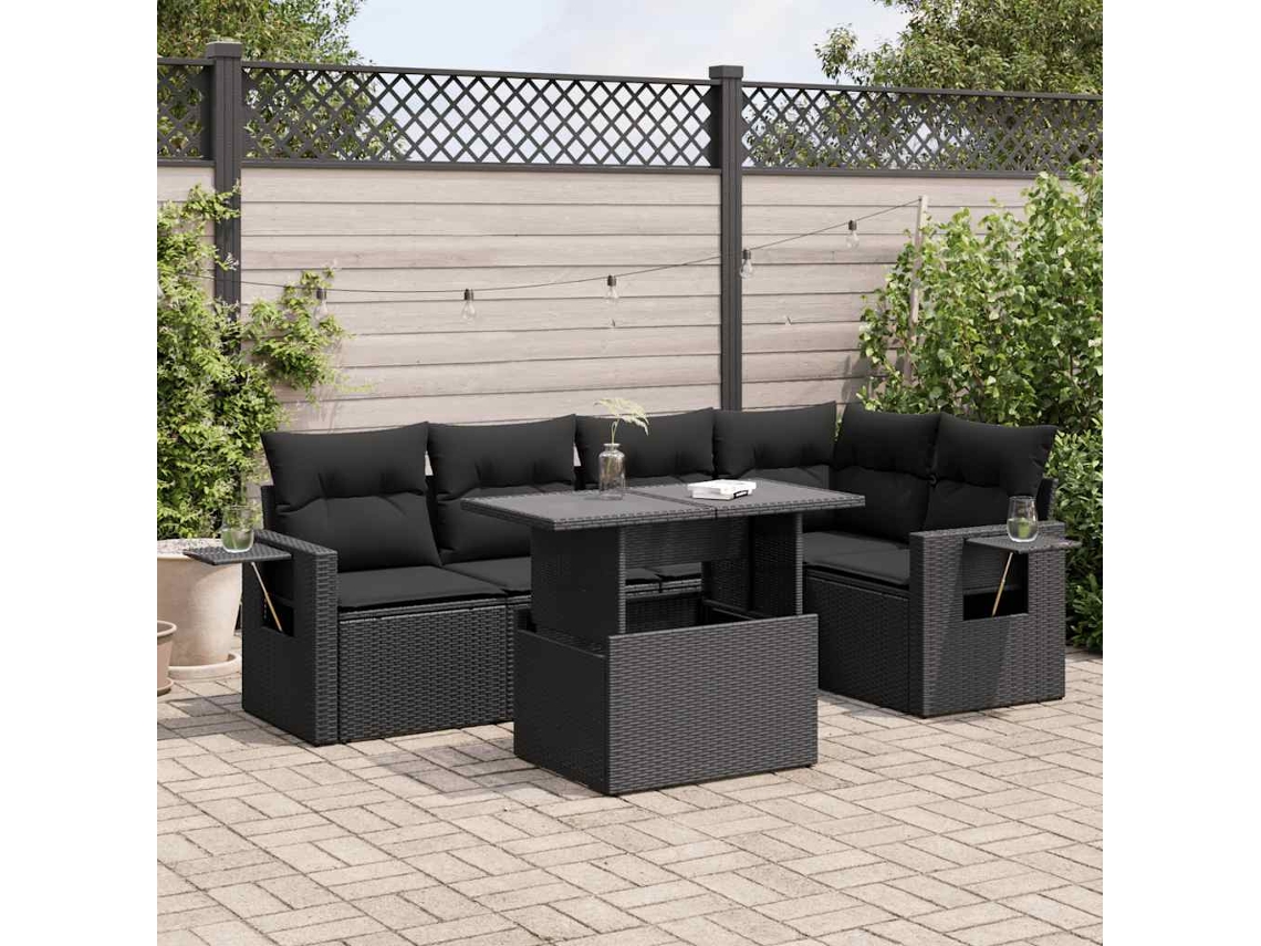 Vidaxl 6 Pcs Conjunto Sofás De Jardim C/ Almofadões Vime Pe Preto