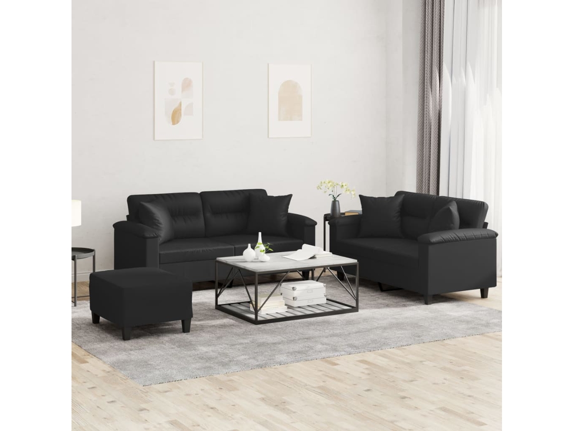 Vidaxl 3 Pcs Conjunto De Sofás Com Almofadas Couro Artificial Preto