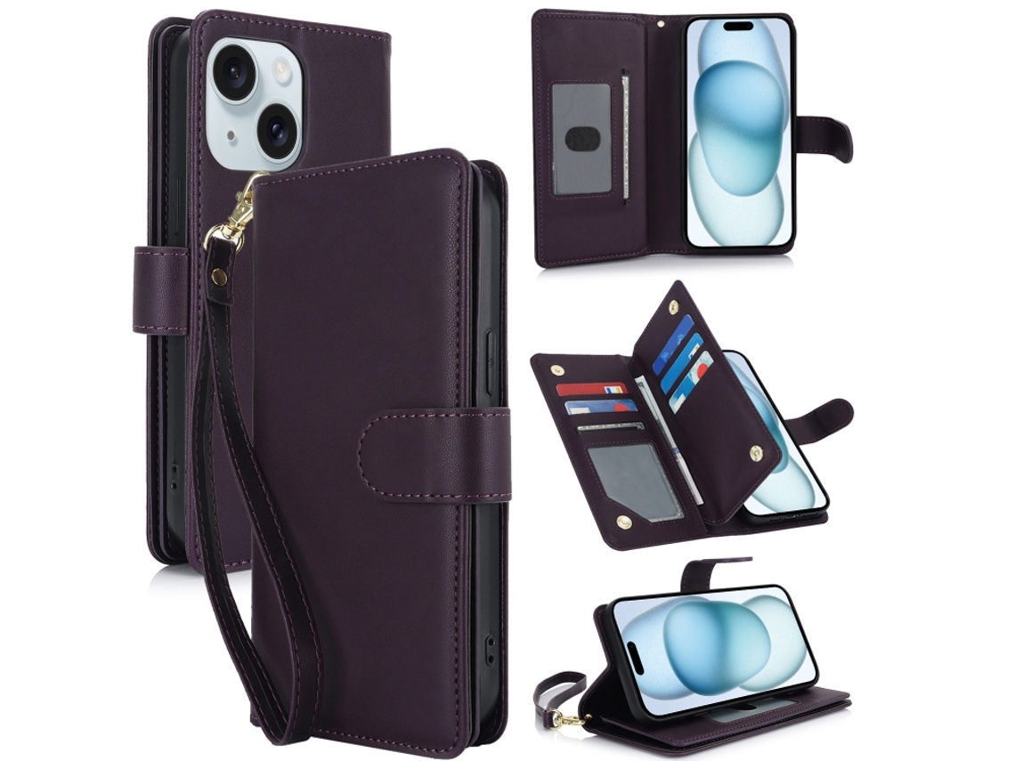 Capa Carteira De Couro Para Iphone 15 Plus - Com Rfid - Para Vários Cartões