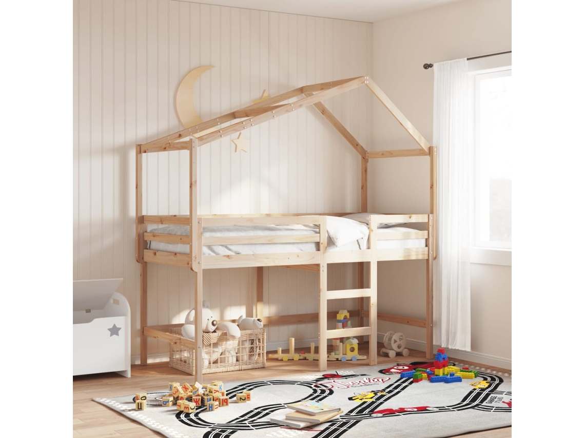 Cama Alta C/ Escada E Telhado 90x200 Cm Pinho Maciço