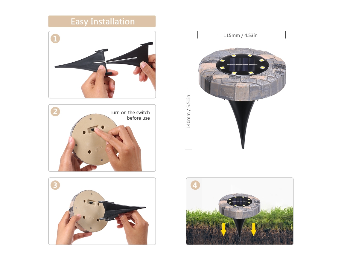 Luzes solares para jardim Tomshine 8 LEDs IP65 resistente à água para caminhos pátio 8 peças branco quente S/MARCA