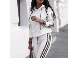 Conjunto De Moletom Para Mulheres Com Listras, 2 Peças: Blusa Com Capuz E Calça De Moletom, Tecido Misto De Algodão, Tamanhos S-xl Branco