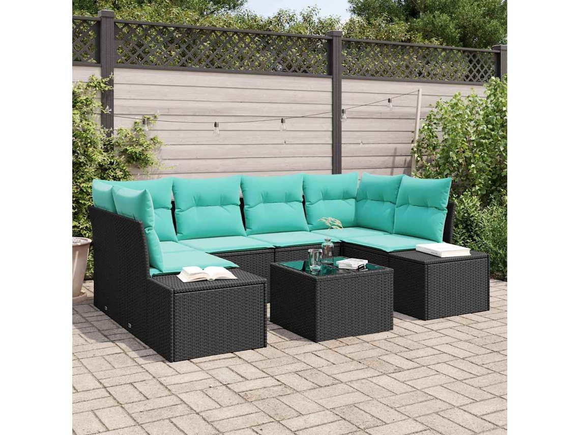 Vidaxl Conjunto De Sofá De Jardim 8 Unid. Preto E Turquesa Vime Pe