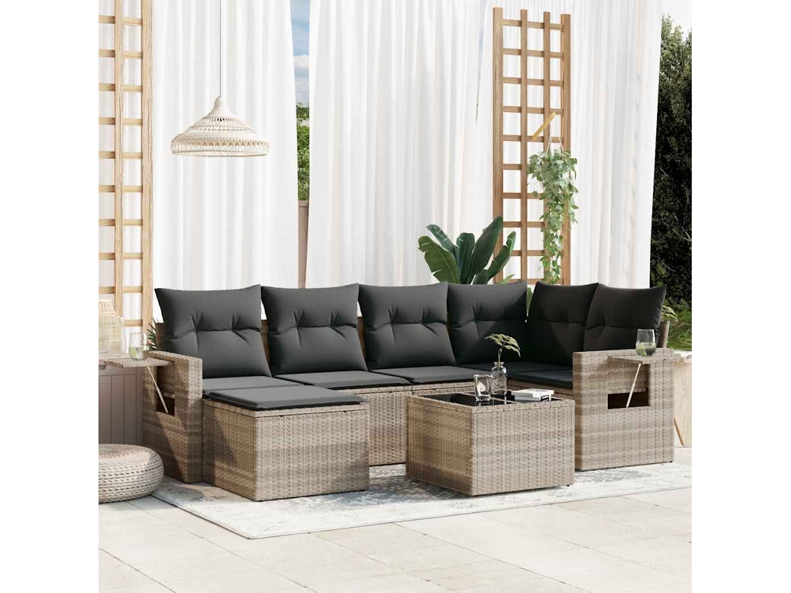 Vidaxl 7 Pcs Conj. Sofás Jardim Com Almofadões Vime Pe Cinzento-claro