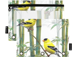 Kit Organizador 3d De Bambu Amarelo Com Estampa Pássaros, Estojo Plástico Lápis Com Janela Transparente E Ilhós