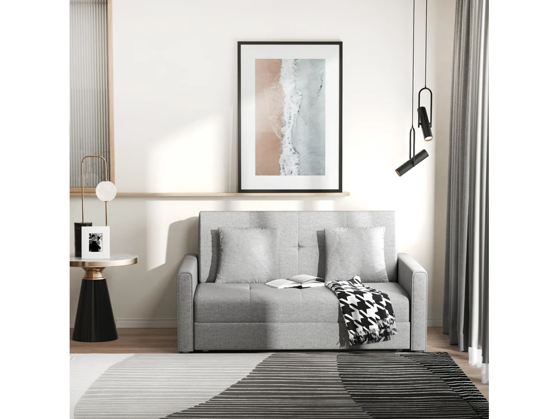 Sofá cama Cinza, 2 Lugares, Braços, Almofadas, Baú, 152x101x81cm | S/MARCA