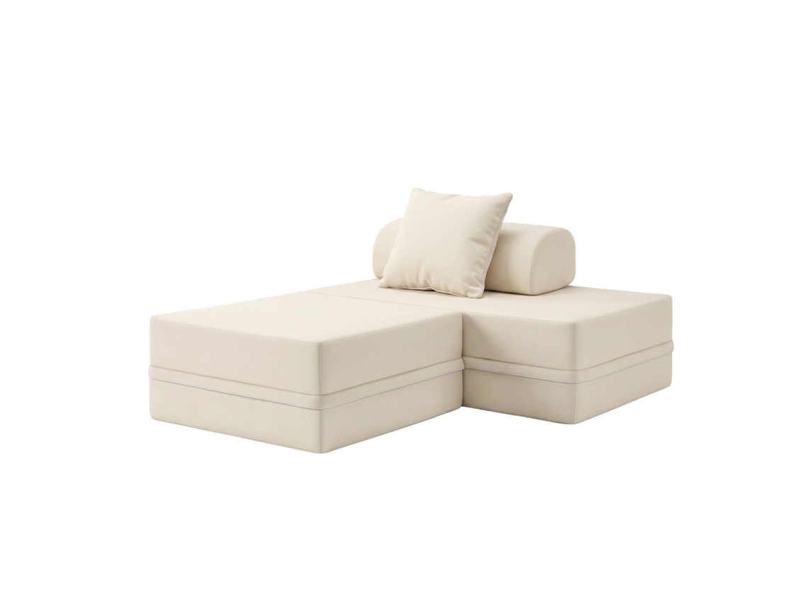 Sofá Modular 2 Lugares + Puff Convertível Liso Bege SKOFFA