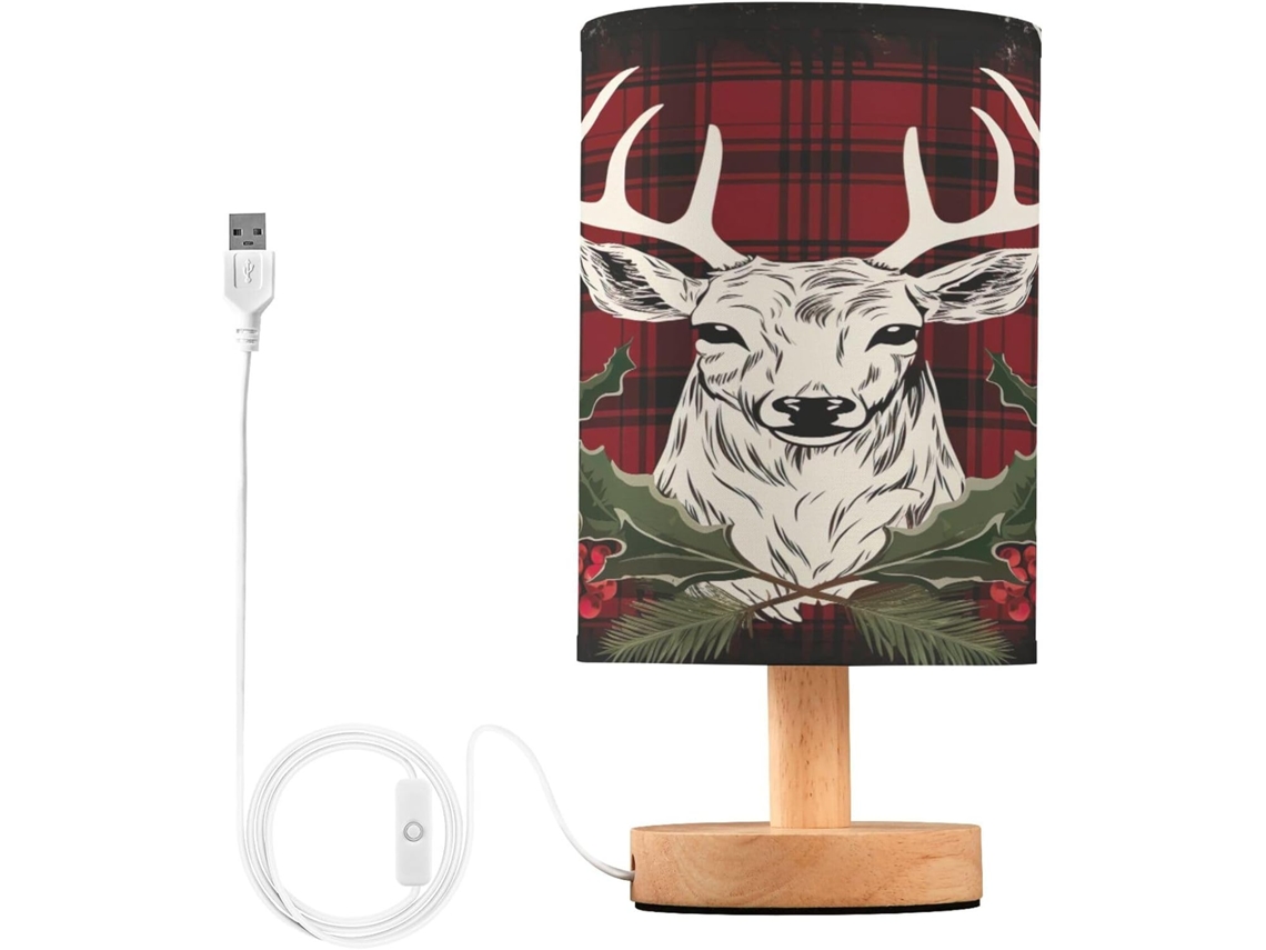 Abajur De Cabeceira Led Com Estampa Veado Em Tartan, Ideal Para O Quarto, Com Cúpula De Tecido, Base De Madeira E Porta