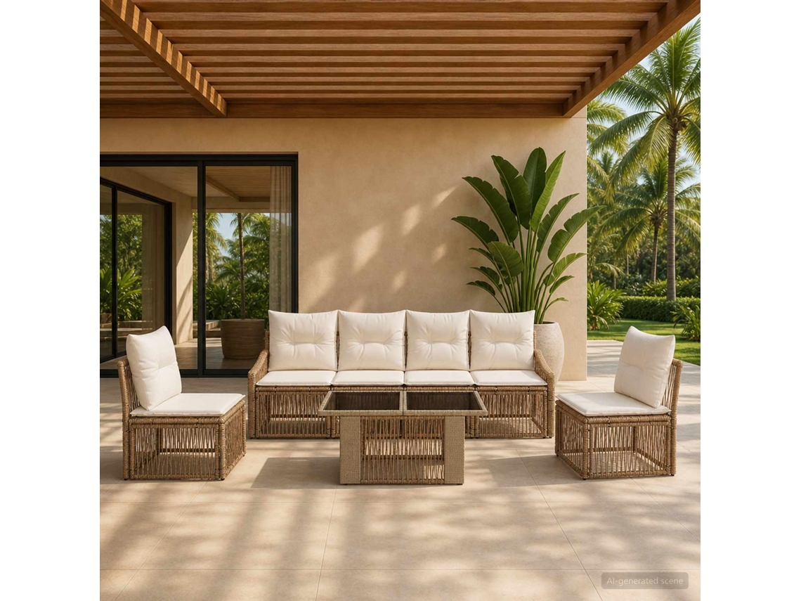 Vidaxl Conjunto De Sofá De Jardim 7 Unid. Bege E Branco Creme Vime Pe