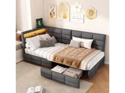 Cama Estofada Em Formato De L, 90x200cm, Com Porta Usb Para Carregamento, Led, 2 Gavetas, Tecido De Linho, Cinza