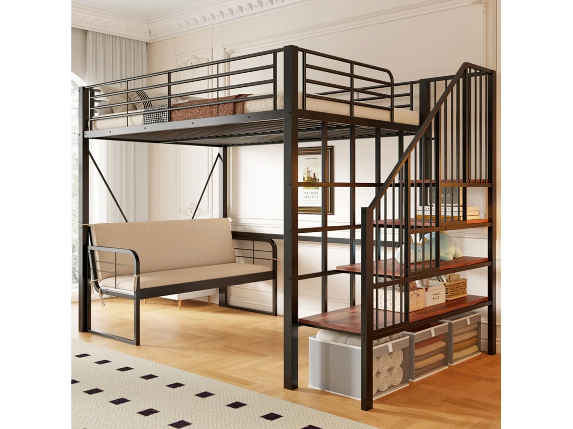 Cama 140x200 Metal Duas Camadas Sofá Armazenamento Escada Segura Preto