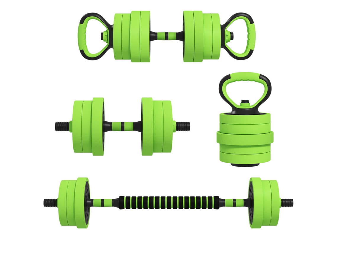 Conjunto De Halteres 4 Em 1 De 20 Kg Com Halteres Ajustáveis, Barra, Kettlebell E Pegadores Para Flexões, Cor Verde.