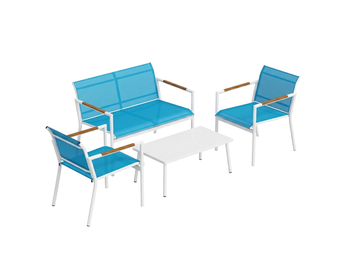 Conjunto Jardim 4 Lugares, Sofá, Poltronas, Mesa Em Metal, Azul.