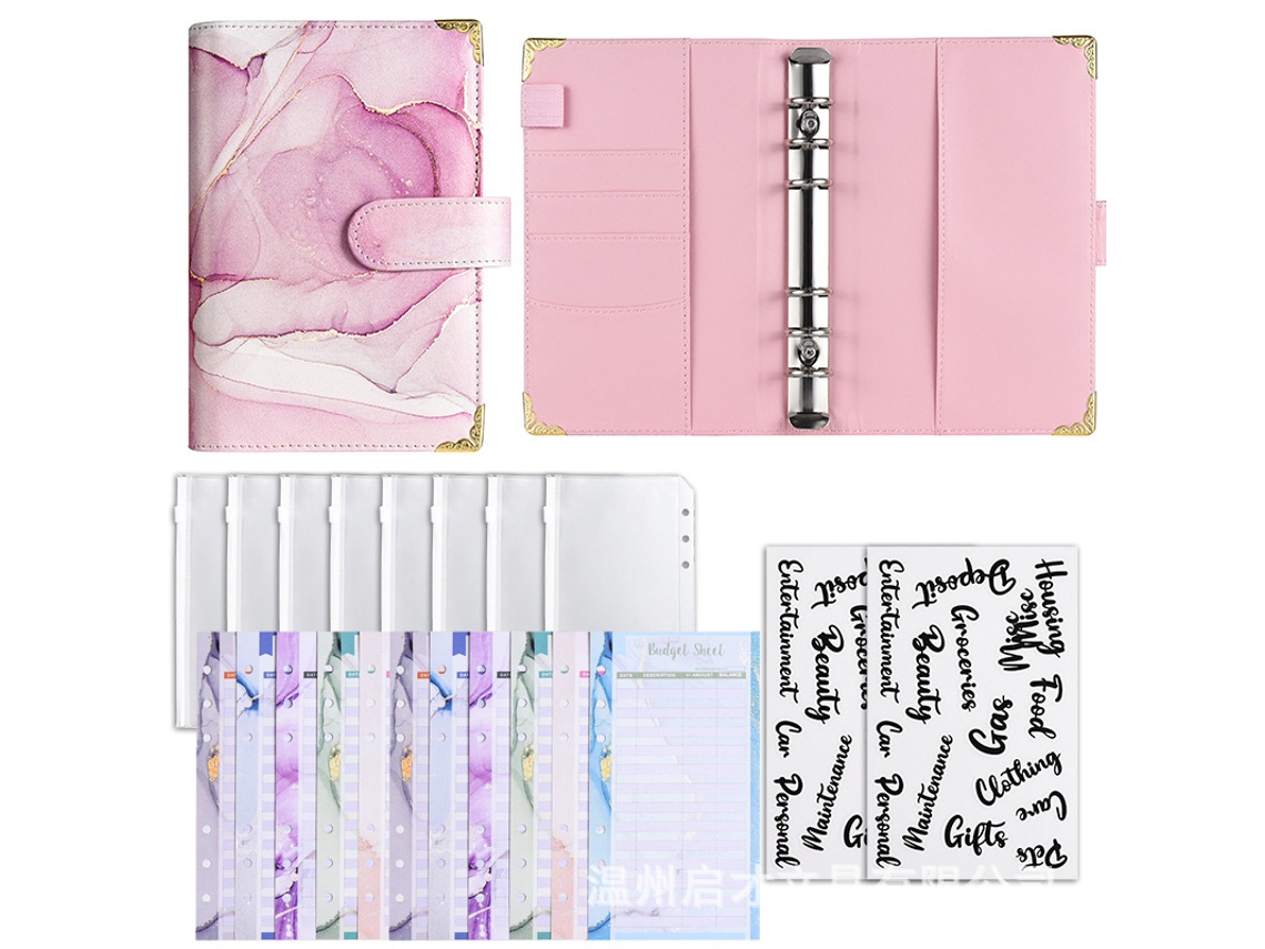 A6 Color Print Texture Macaron Pu Notebook Cash Budget Financial Loose Leaf Planner Standard Gift Set, Cherry Pink