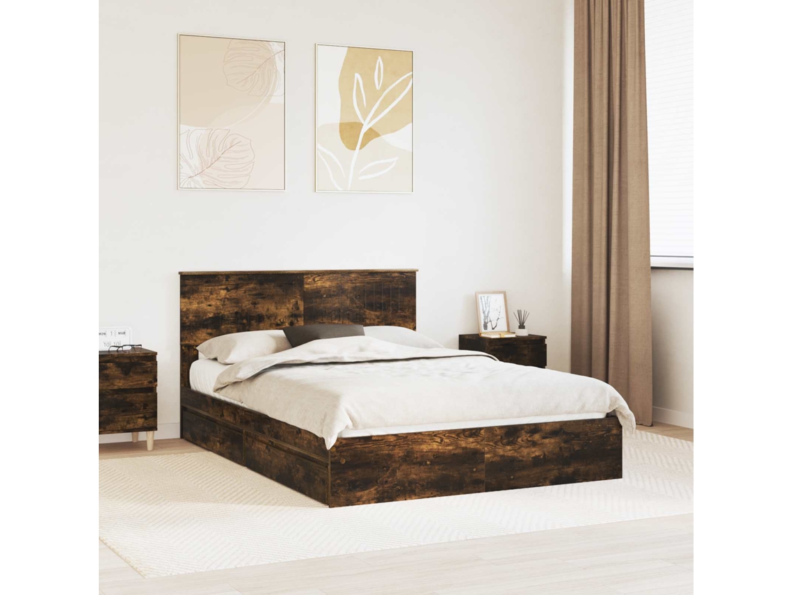 Vidaxl Cama Com Armazenamento Ajustável Carvalho Defumado 135 X 190 Cm
