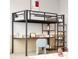Cama Alta Infantil Metal 90x200 Escada Mesa Prateleiras Preta