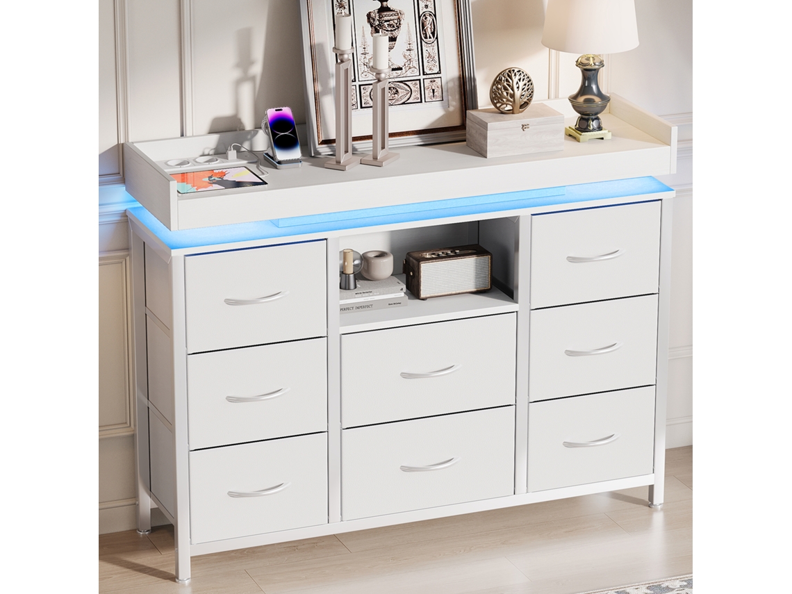 Cômoda De Tecido Com 8 Gavetas, Iluminação Led E Tomada Elétrica, Unidade De Armazenamento Estável, Estrutura De Aço, Anti-tombamento, Branca.