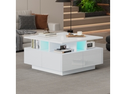 Mesa de Centro BTFORUS 70x70x40 cm com Luz Led 4 Gavetas e Design Geométrico branco carga Máxima 30 kg