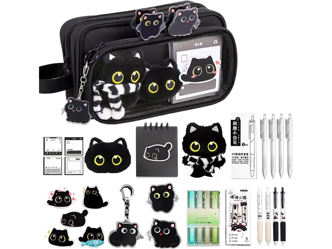 Estojo Lápis Gato Preto Com 10 Camadas, De Fofo Gato, Conjunto Papelaria Destacável De Grande Capacidade,