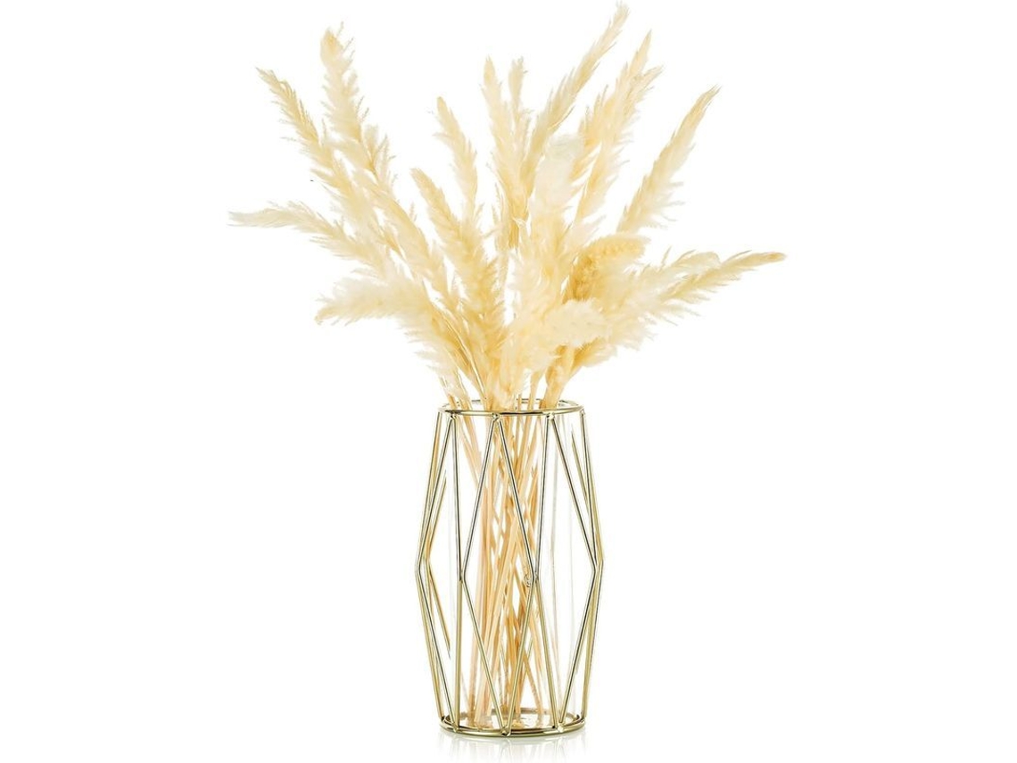 Florero De Vidro Com Marco Metálico Geométrico Dourado, Moderno, Para Flores Artificiais E Pampas